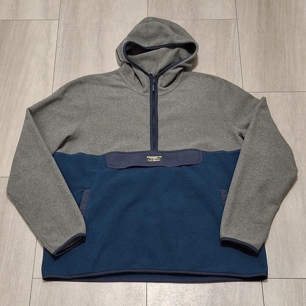 L.L.Bean Men's Trail Fleece Half-Zip Hooded Pullover Grey and Blue Size L